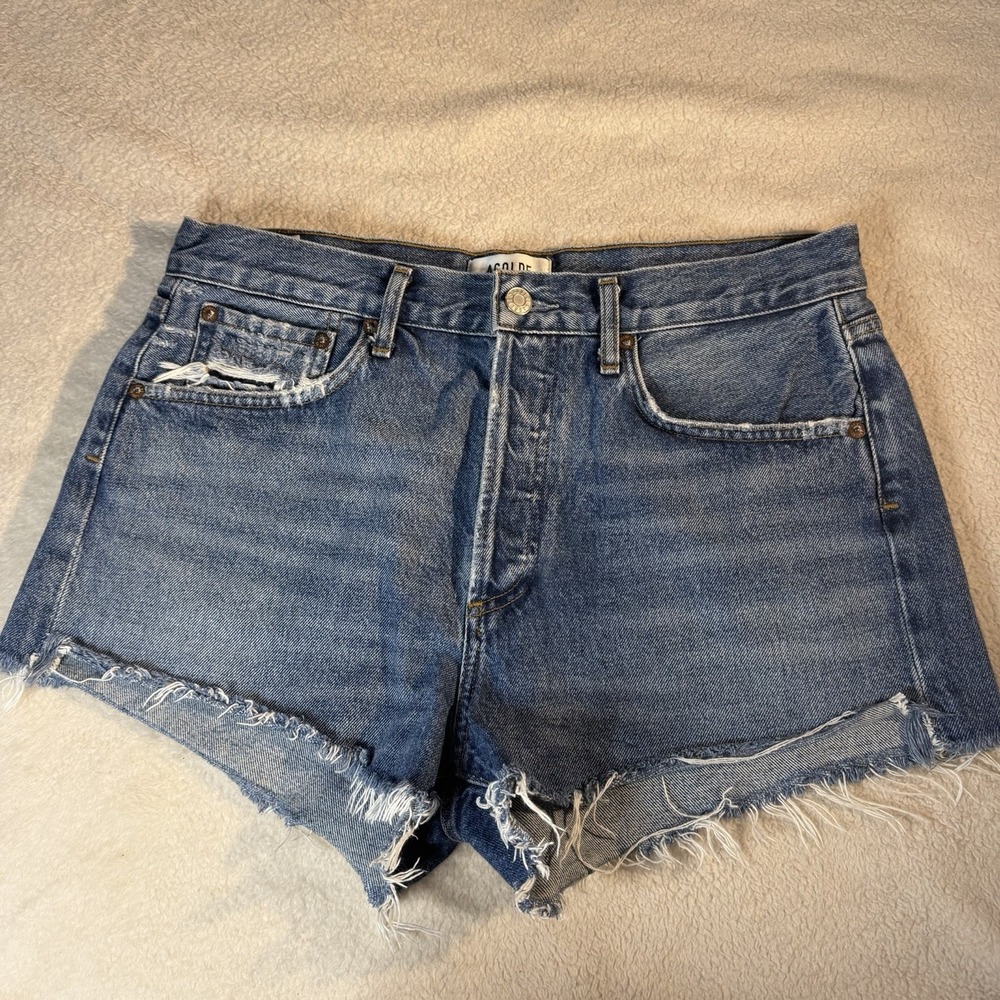 AGOLDE Parker Denim Shorts Size 28 High Rise Button Fly Raw Hem Organic Cotton